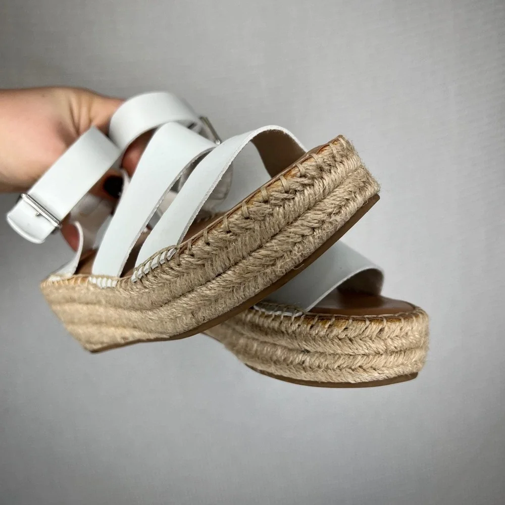 The‎ Drop White Leather Espadrille Platform Wedge Sandals Ankle Strap Size 6